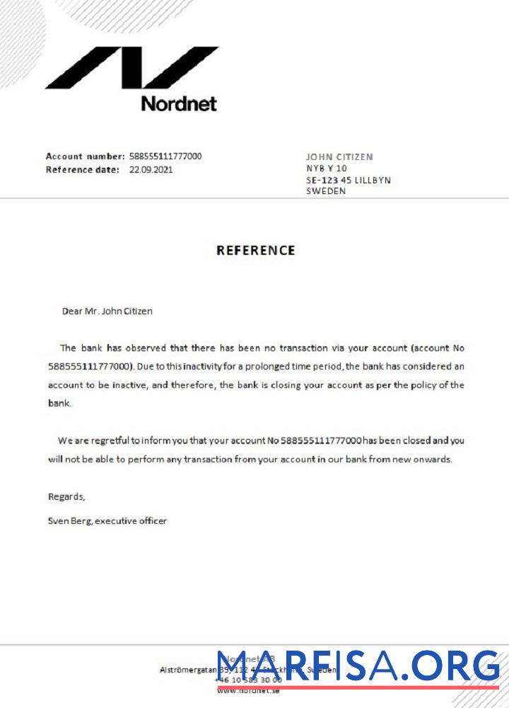 Printable Sweden Nordnet closure reference sample
